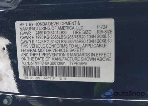 2025 Honda Passport Awd Black из США, поврежденный, VIN 5FNYF8H84SB013901